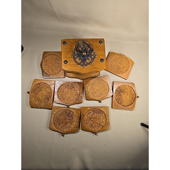 Vintage Cork Coaster Set with Wood Caddy Carrier Holder Brass Trim 082425 - Picture 3 of 10